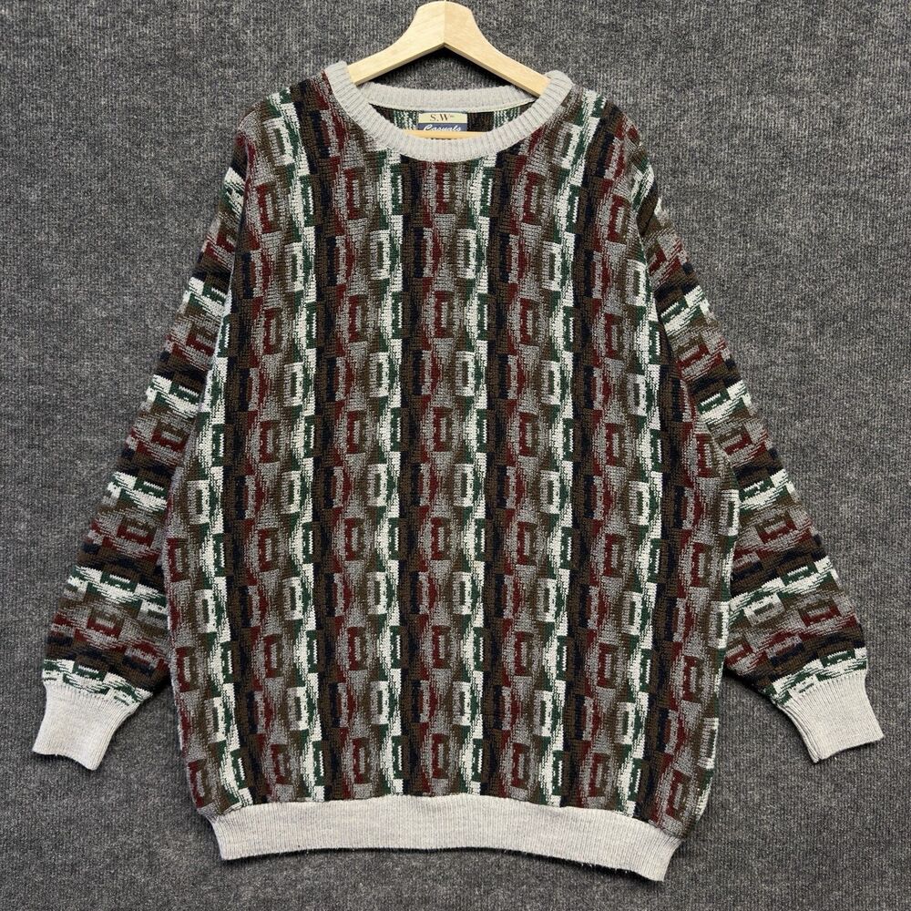 VTG 90s S.W. Casuals Tall Man Geometric Knit Sweater 3XLT Coogi Style Aztec - Picture 4 of 11